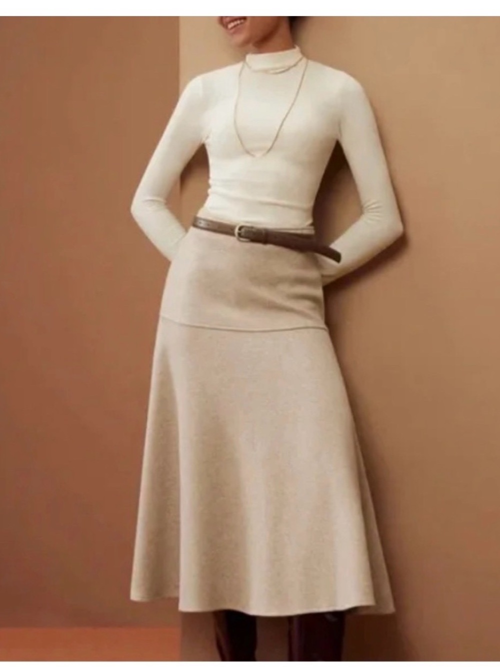 OGL Cashsoft wool-like flared maxi skirt heather oatmeal Soft Comfy Large Small